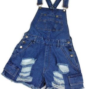 Womans Distressed Denim Bib Overall Shorts -S